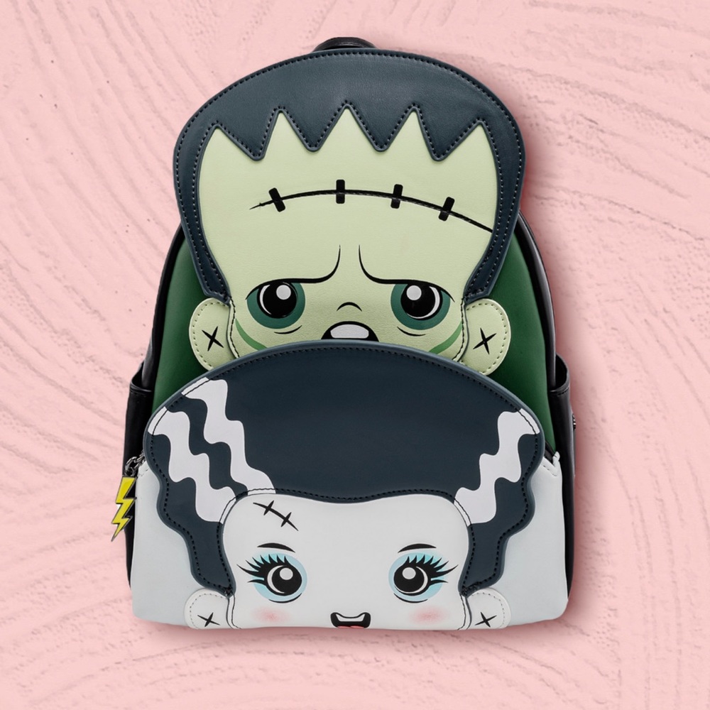 Loungefly Frankenstein & Bride Face Mini Backpack in Green, Black, White